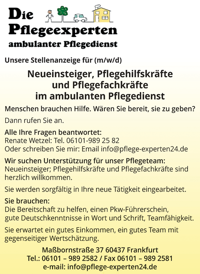 Die Pflegeexperten ambulanter Pflegedienst stellencompass.de Frankfurt 