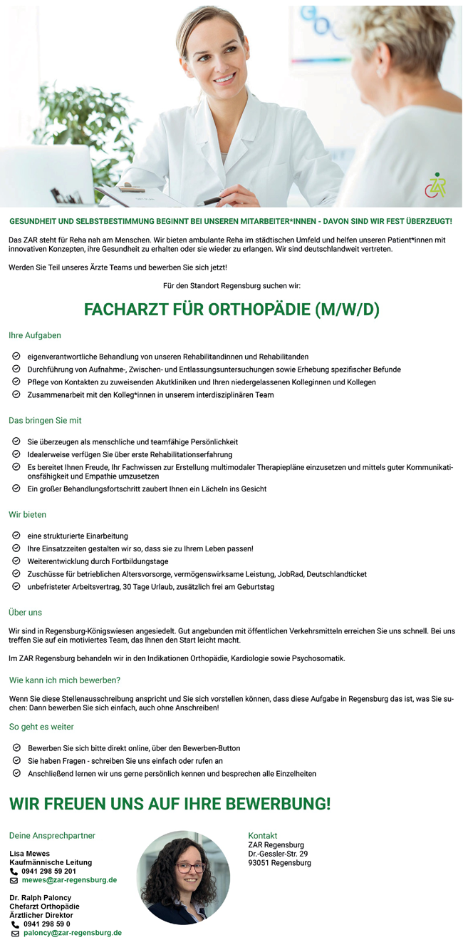 ZAR Bayern GmbH Facharzt / Fachärztin für Orthopädie Regensburg medicalcompass.de