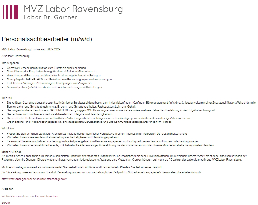 MVZ Labor Dr. Gärtner Personalsachbearbeiter/in Ravensburg medicalcompass.de